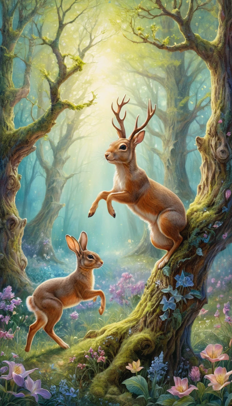 Colorful spring forest with playful rabbit squirrel and deer