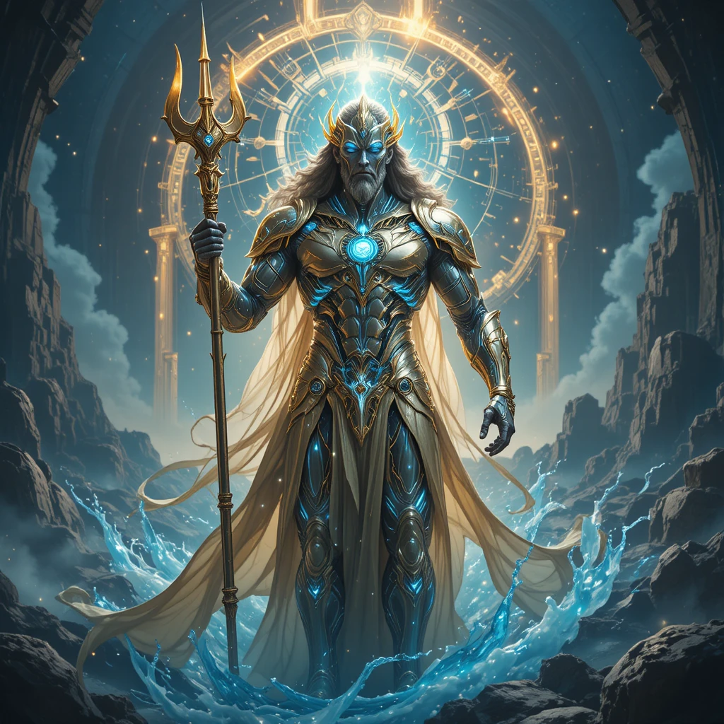 Poseidon In Cybernetic Armor Above Futuristic Olympus Skyline