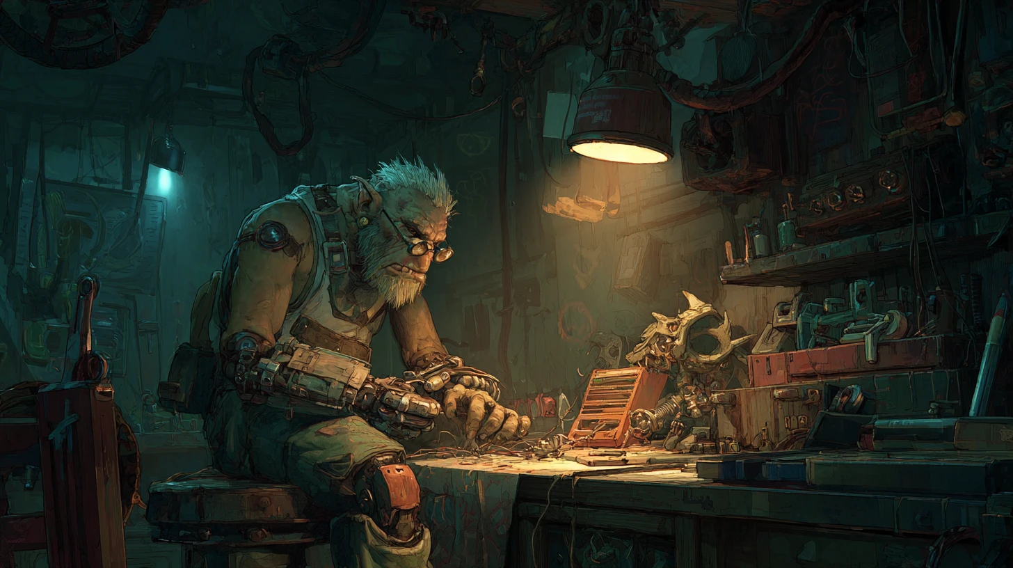 Cybernetic imp crafting a tiny clockwork dragon