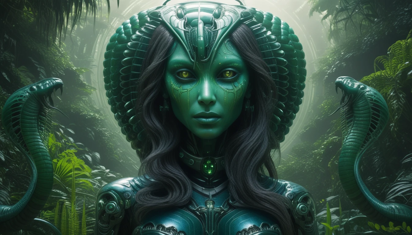 Géant alien biomécanique arpentant un monde de jungle luxuriante