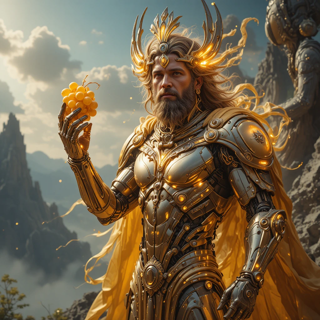 Cybernetic Dionysus Holding Golden Grapes On Futuristic Olympus