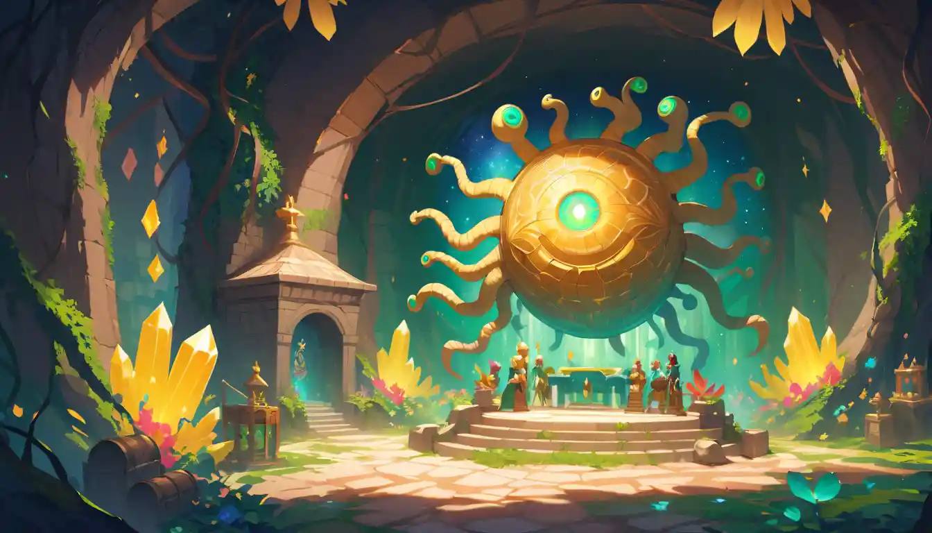Floating One Eyed Tentacled Orb In Ancient Crystal Cave