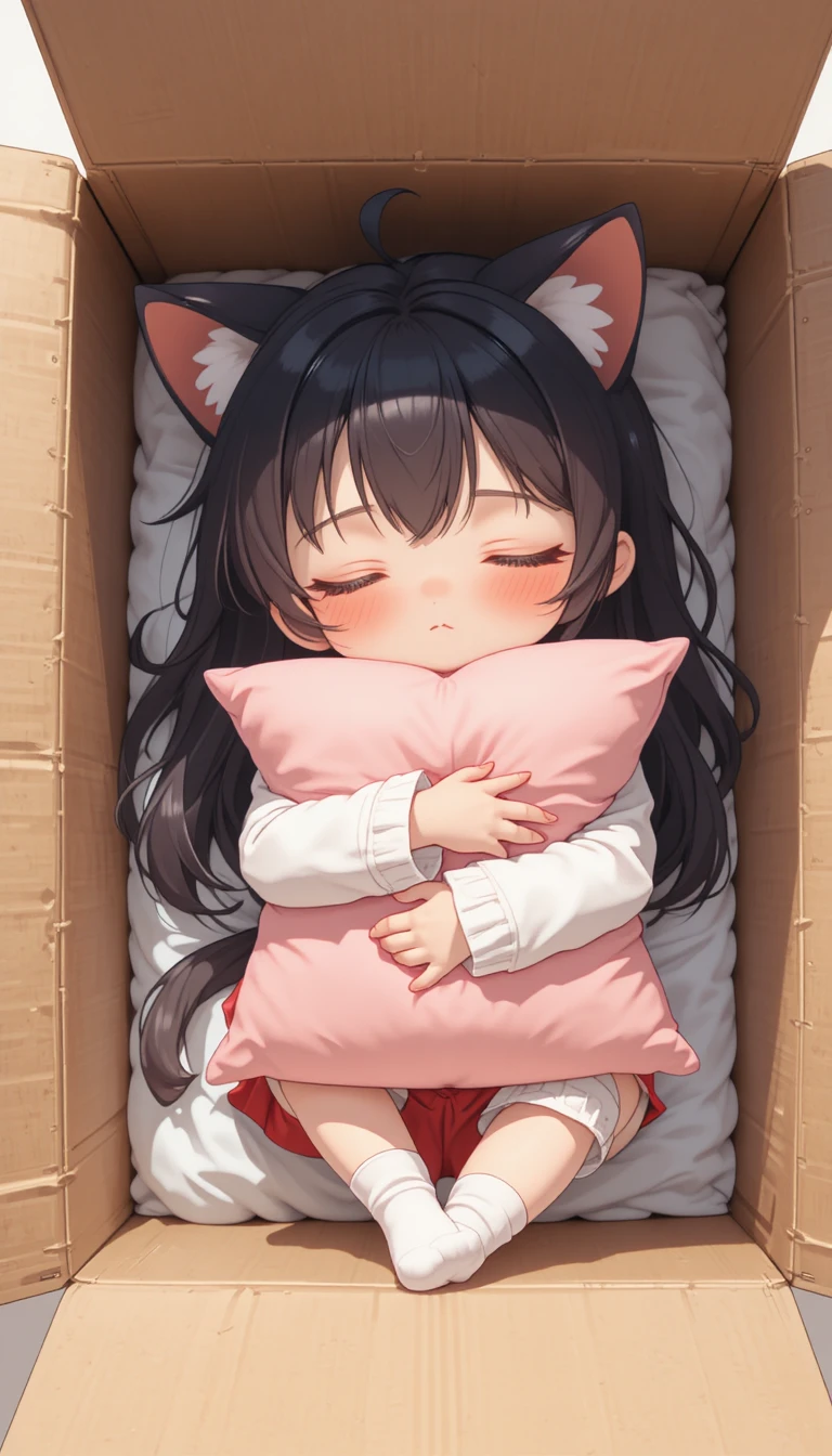 Fofa garota-gato chibi dormindo em uma caixa de papelão