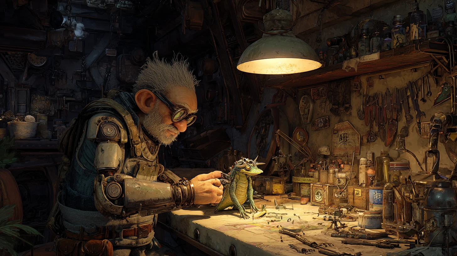 Cybernetic imp crafting a tiny clockwork dragon