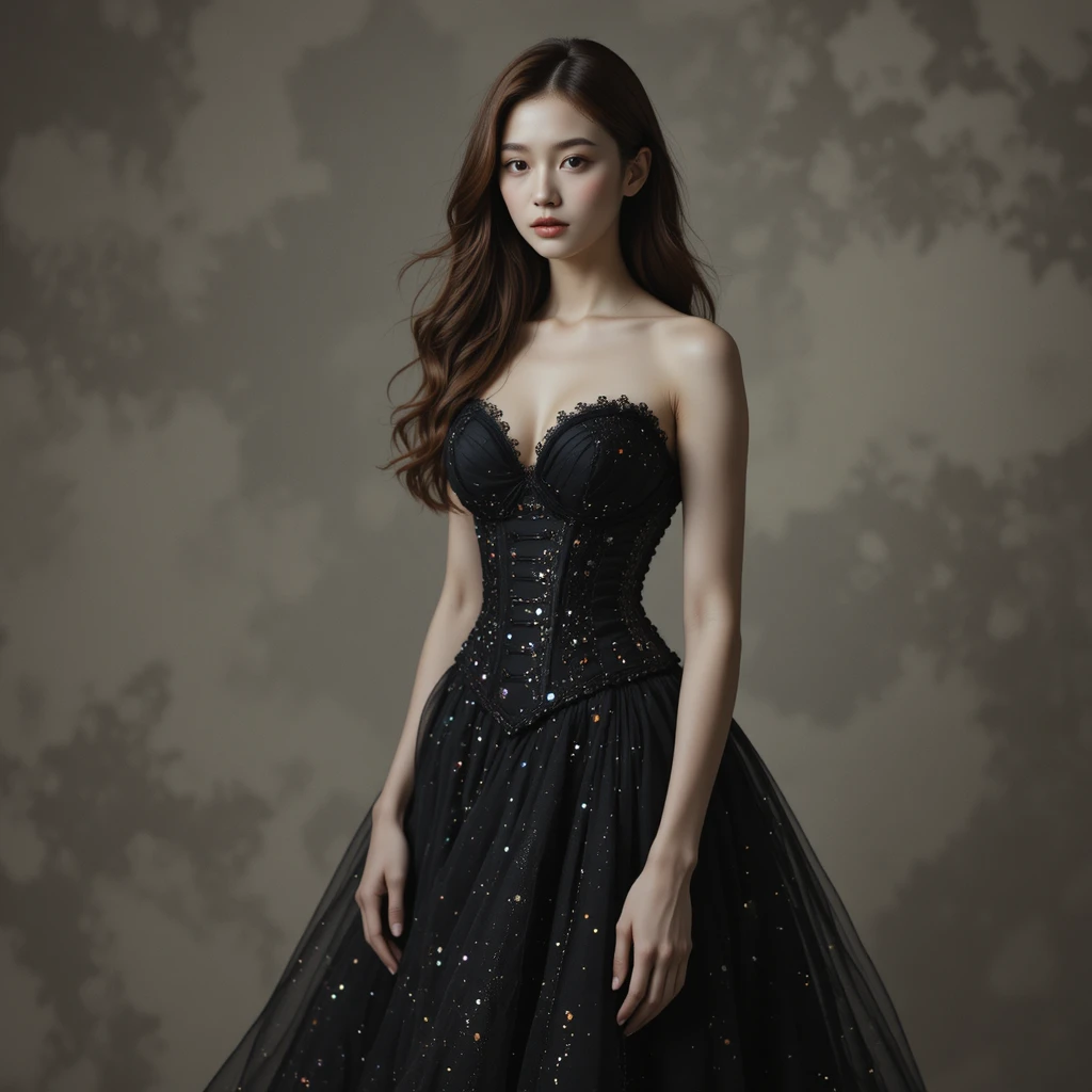 Koreanische Frau in schwarzer Couture-Robe mit leuchtender Schleppe