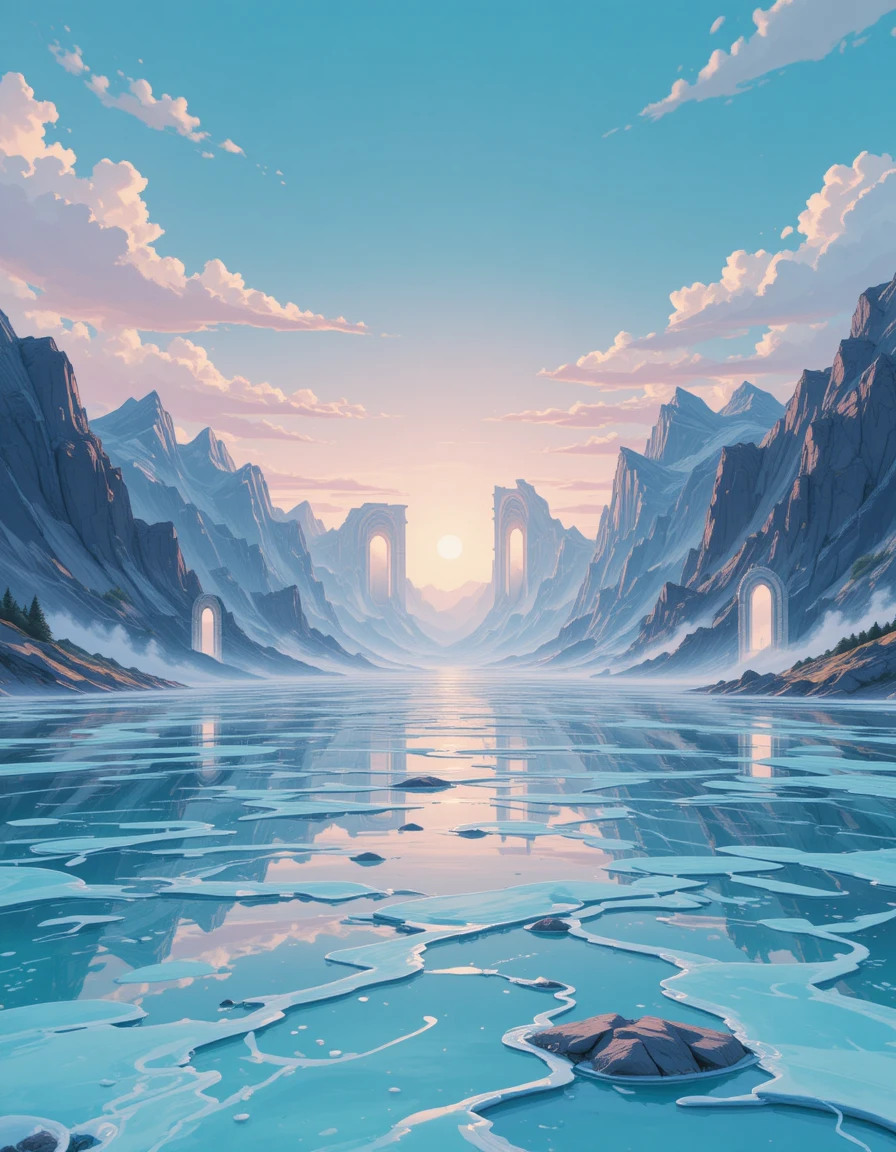 Vale surreal refletivo com portais sob um céu em tons pastéis