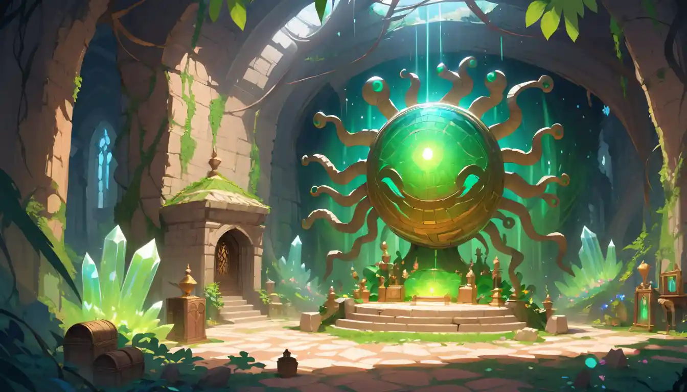 Ominous tentacled eye creature over altar in crystal cave