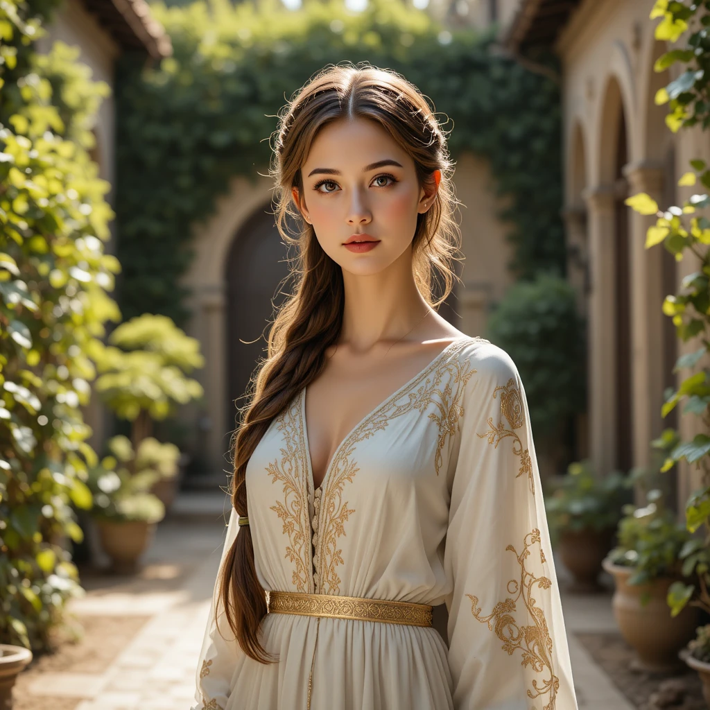 Mulher elegante de túnica branca em um pátio romano