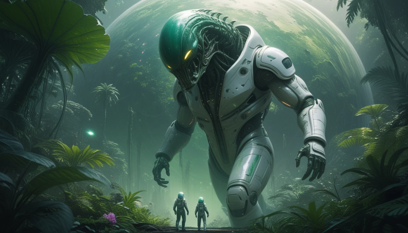 Alien biomécanique colossal arpentant un monde de jungle luxuriante