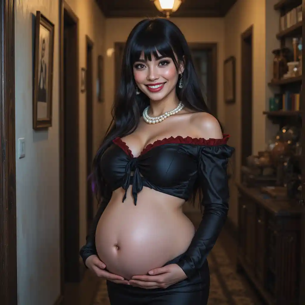 Goth Japanese model with long black hair and pregnant belly