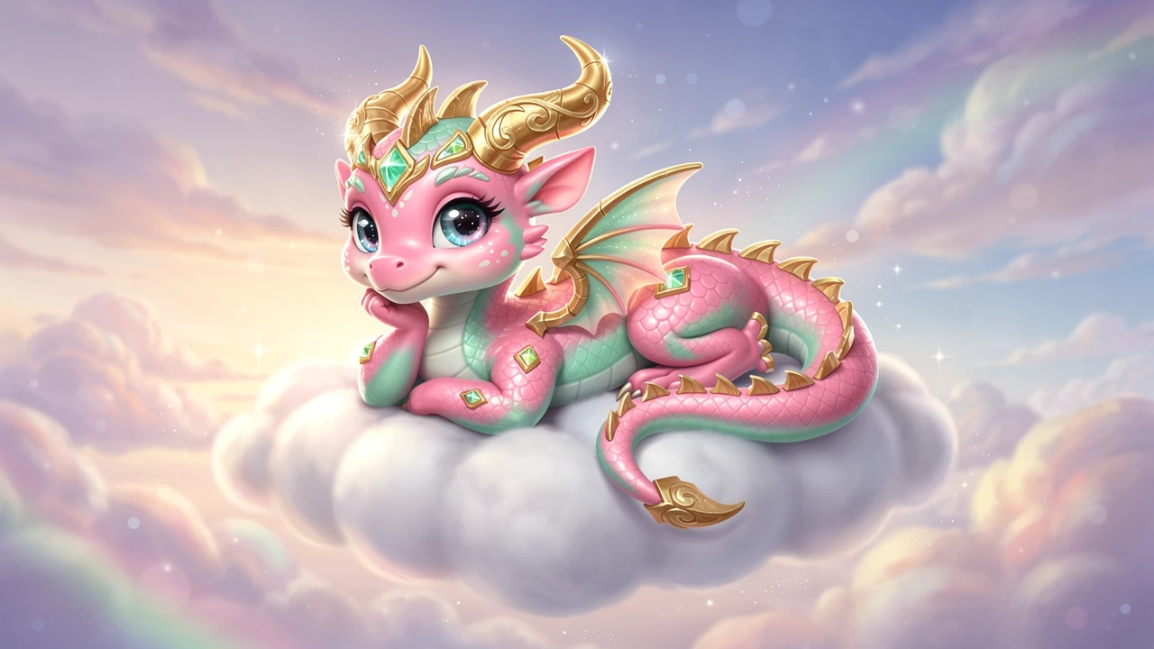 Cute pastel dragon resting on a fluffy cloud
