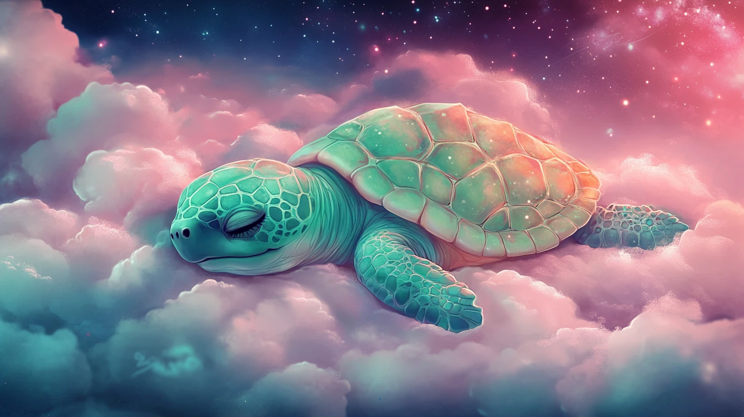 粉紅雲朵上熟睡的海龜寶寶