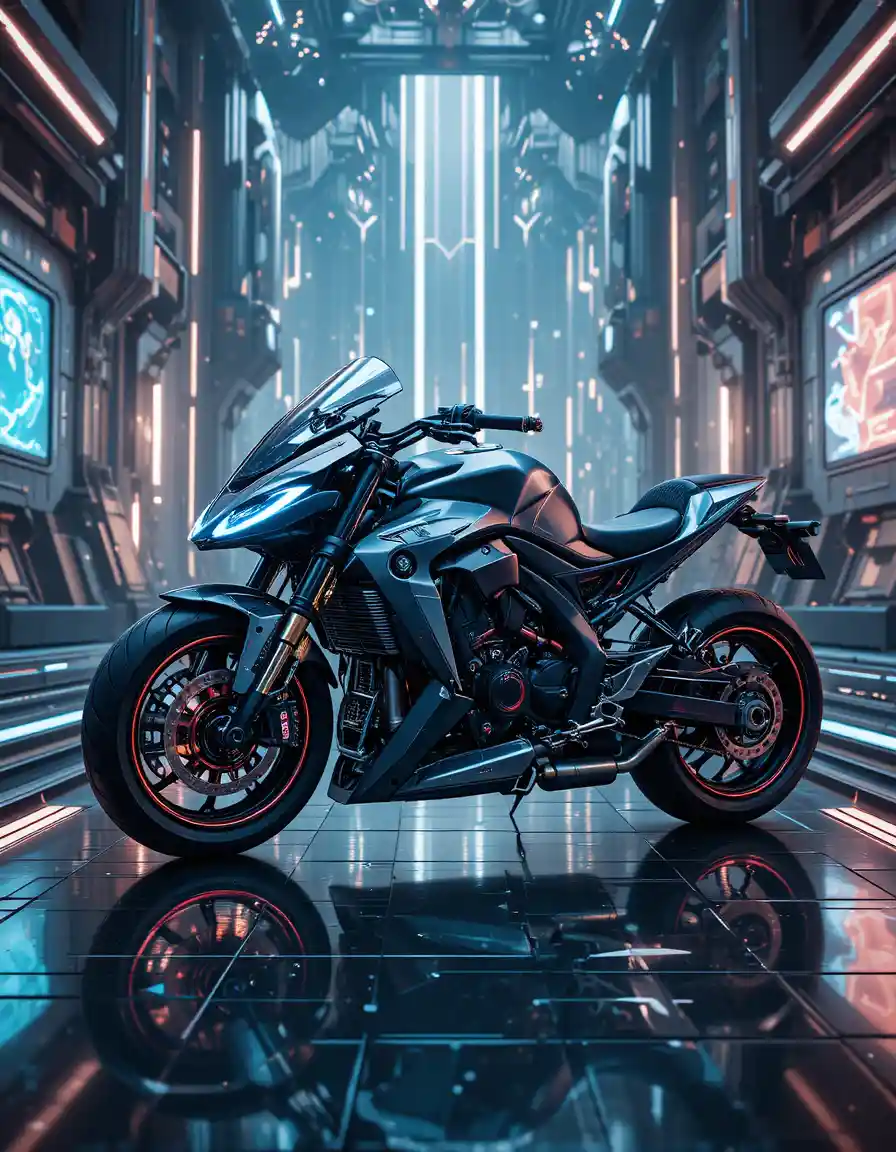 Motocicleta futurista en ciudad sci‑fi de neón - ilustración
