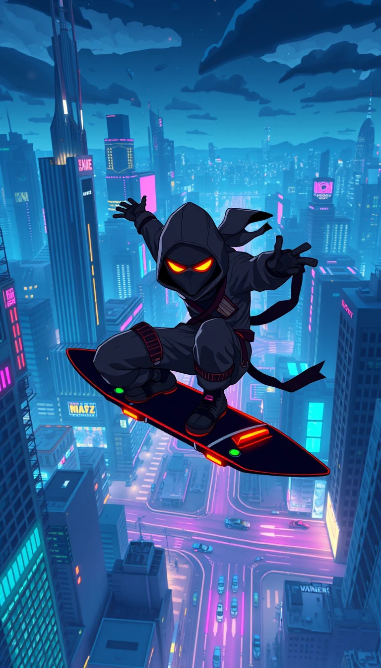 Stealthy ninja gliding on a hoverboard above neon city