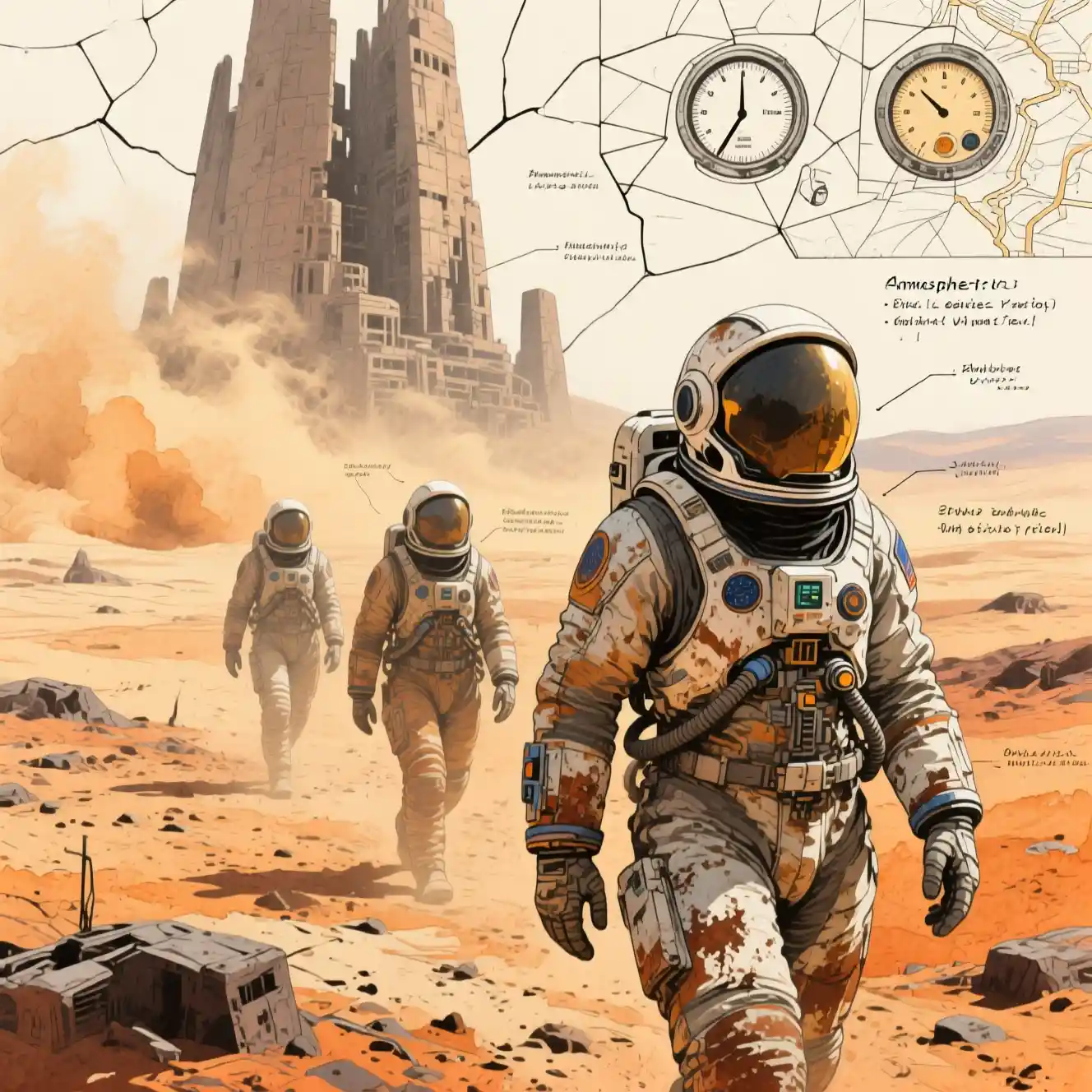 Astronauti che attraversano un paesaggio alieno arido in pannelli a grafite