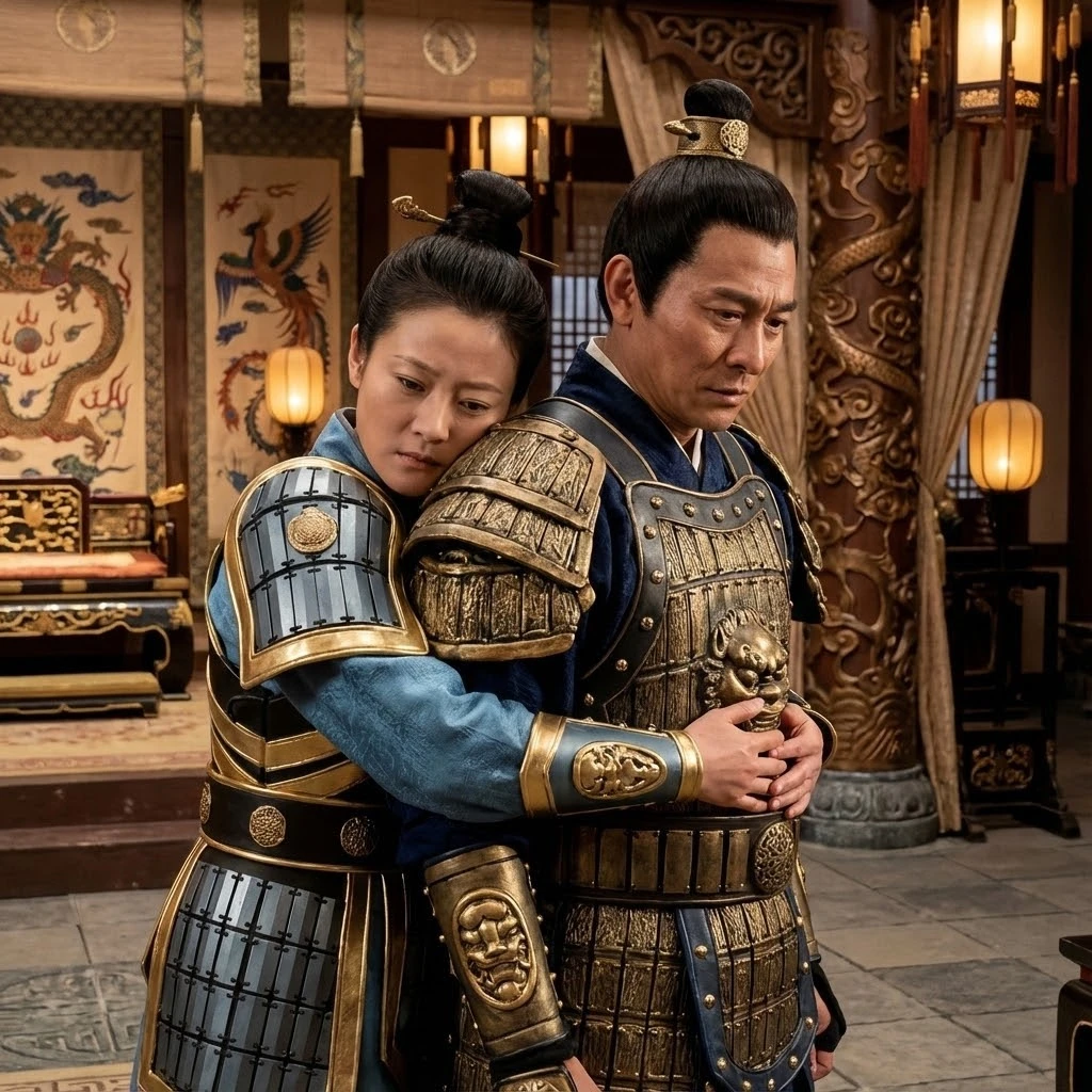 Chinese warrior couple embracing in a palace corridor