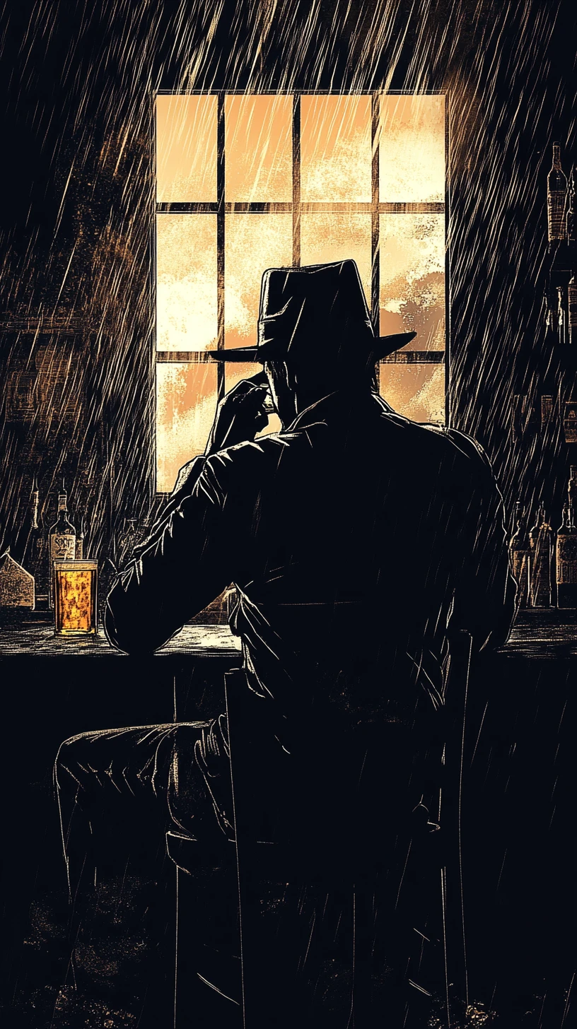 Weary detective alone at the bar in noir shadows