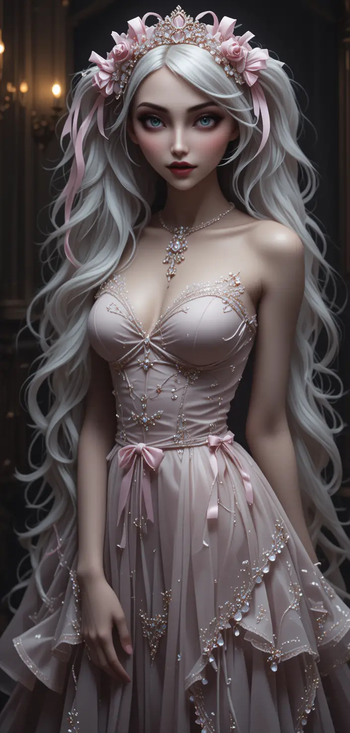 Blissful girl in pink gothic lolita dress in boudoir