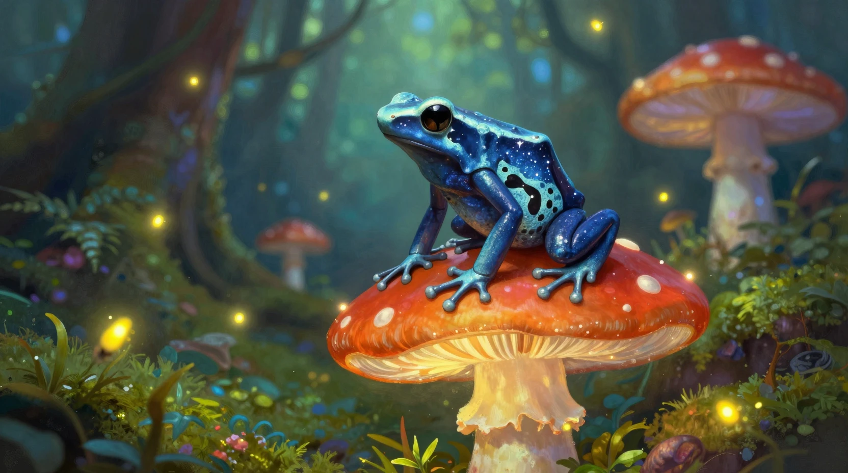 Grenouille poison sur champignon lumineux dans une forêt enchantée