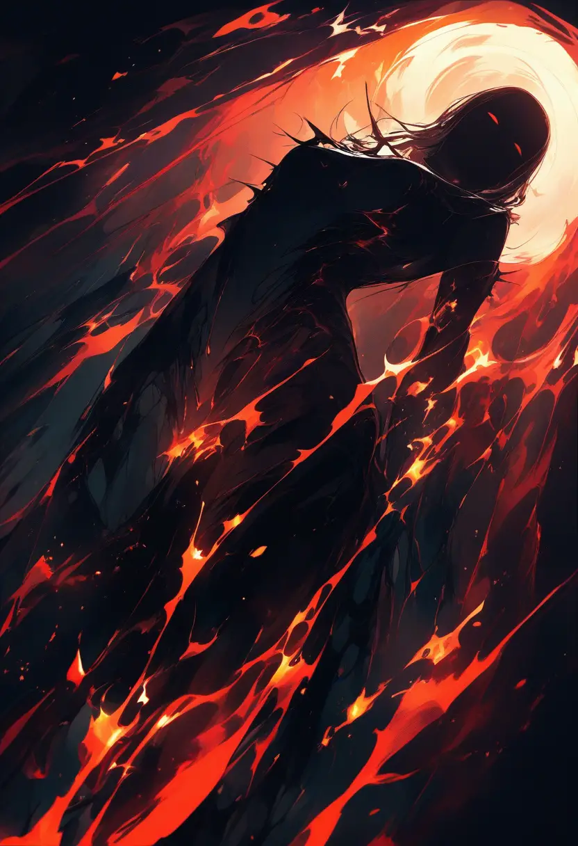 Silhouetted figure glowing with volcanic light in darkness