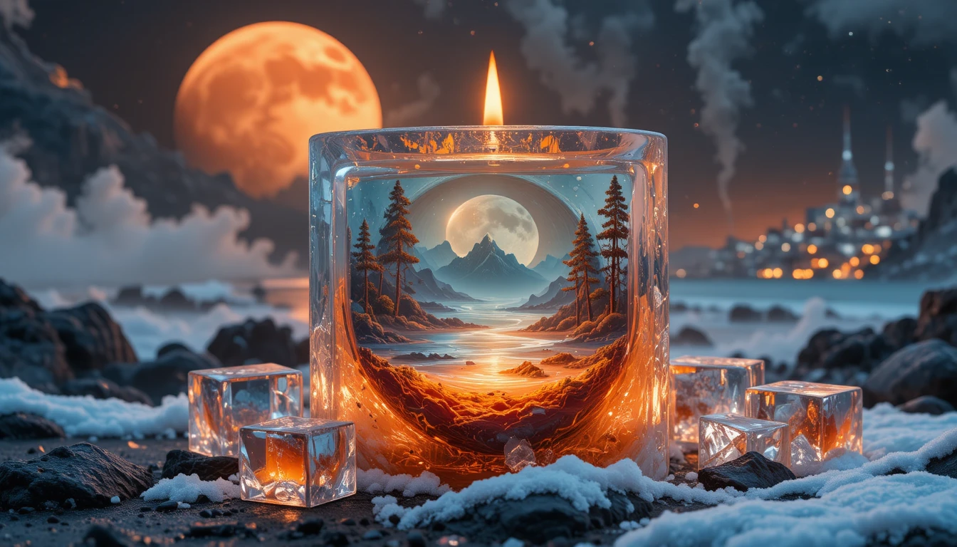 Surrealistische Kerze mit kosmischer Landschaft vor sternenübersätem Kosmos