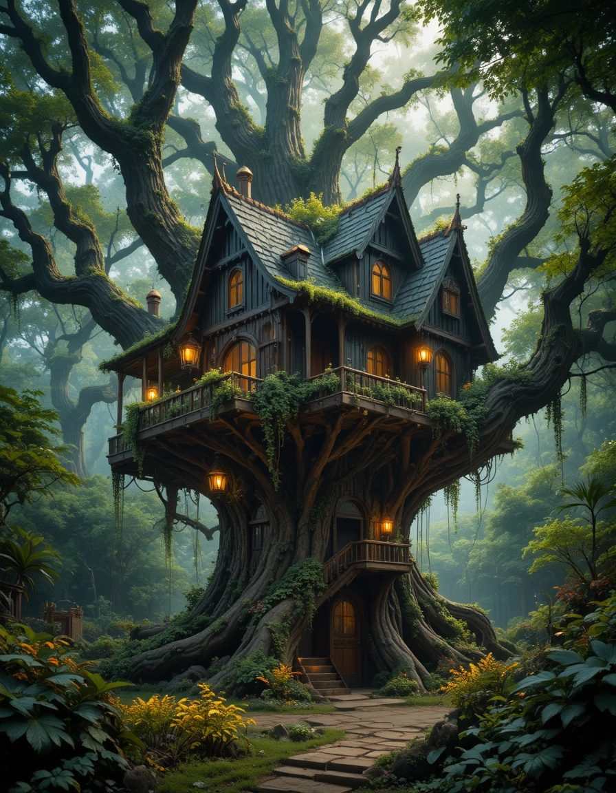 Gothic treehouse glowing with candlelight in lush forest