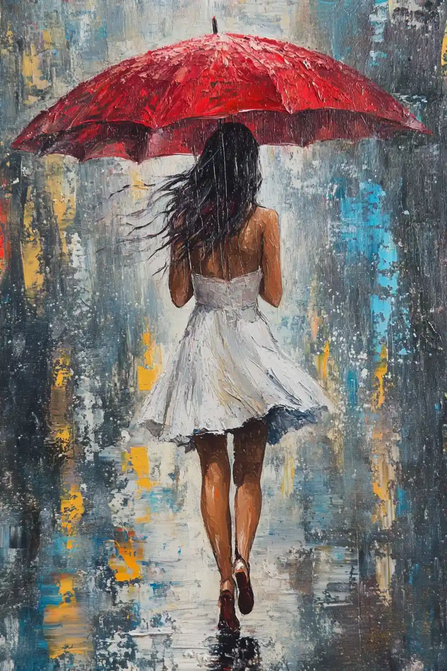 Femme élégante avec parapluie rouge dans une rue de ville pluvieuse