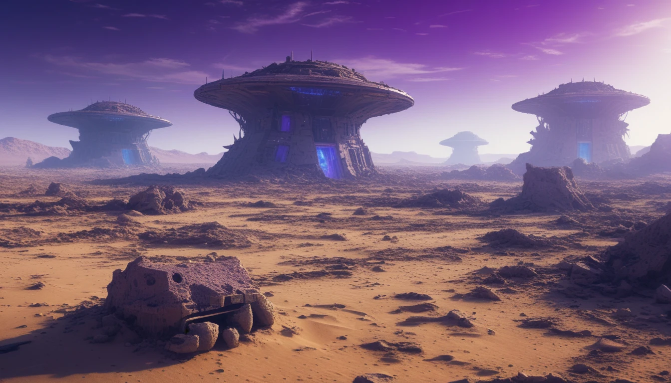 Deserto alienígena com ruínas de nave espacial futurista sob céu roxo