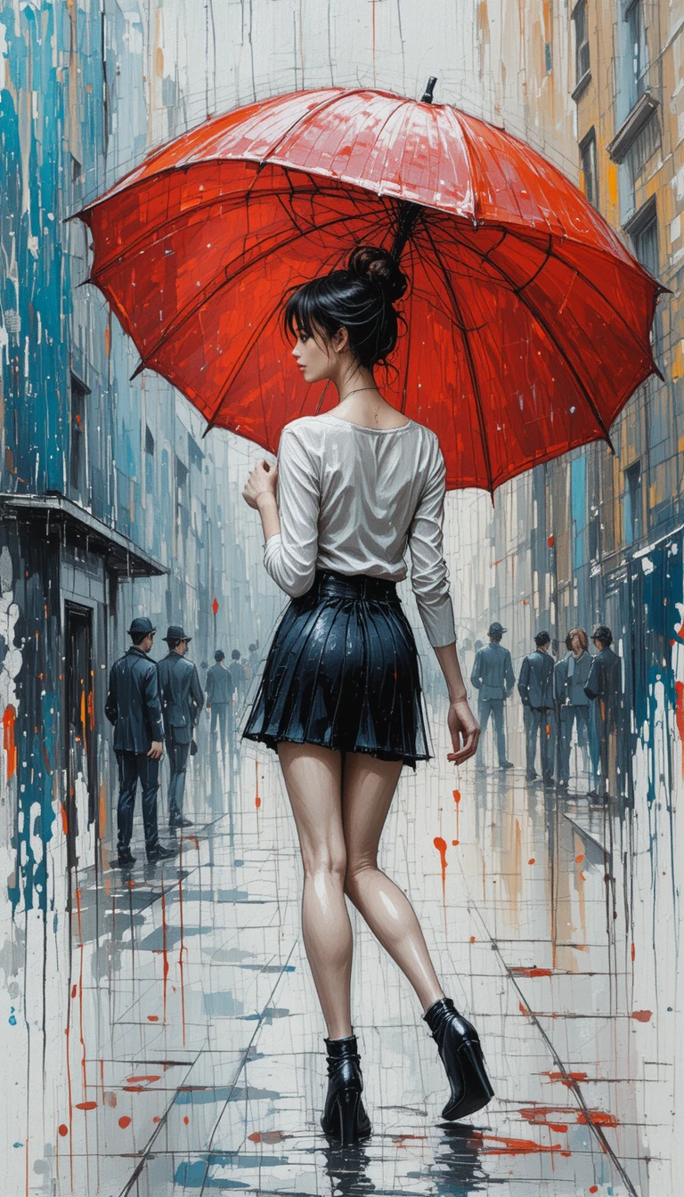 Mulher elegante com guarda-chuva vermelho em rua chuvosa da cidade
