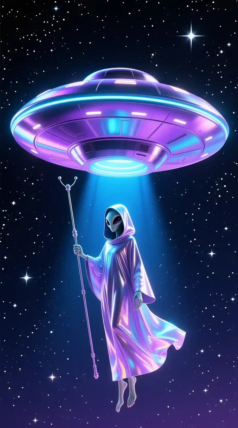 Iridescent UFO Descending Over A Starry Night Sky