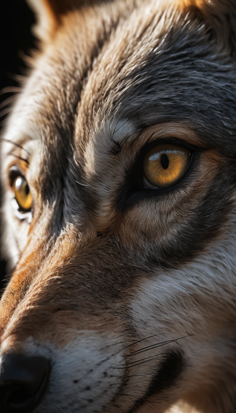 Olho de lobo em close-up na escuridão com luz suave e difusa