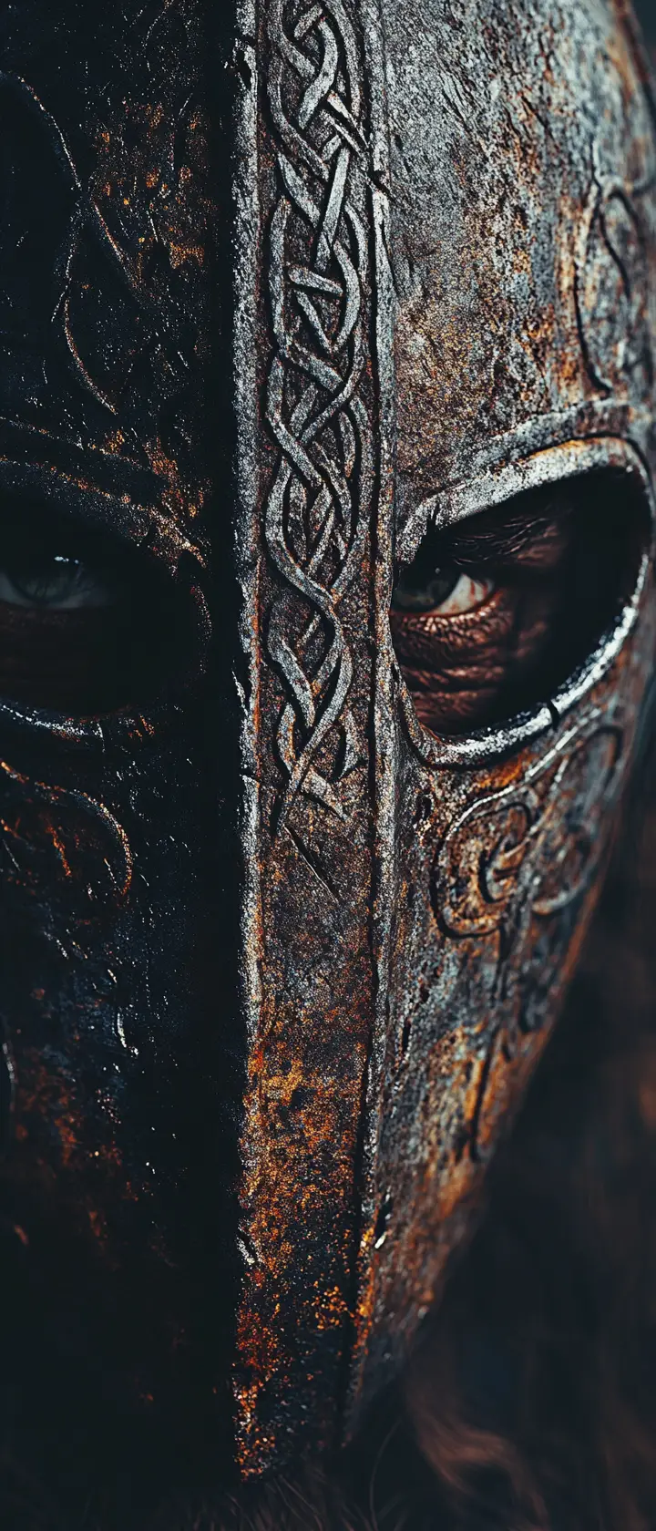 Extremes Close-up eines mittelalterlichen Helms mit Monsteraugen