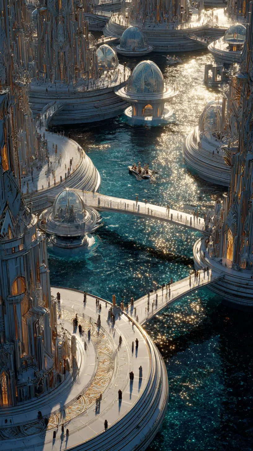 Antiga cidade oceânica de Atlântida com torres de cristal luminosas