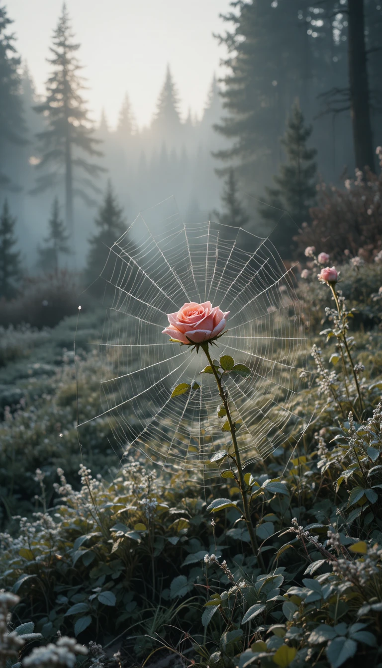 Rosa solitaria su una ragnatela ghiacciata nella nebbia del mattino