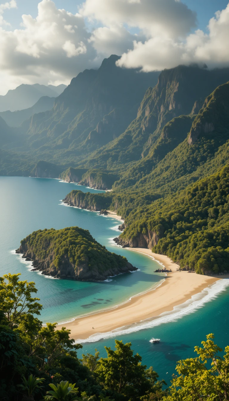 Costa tropicale con delta fluviale e montagne verdeggianti