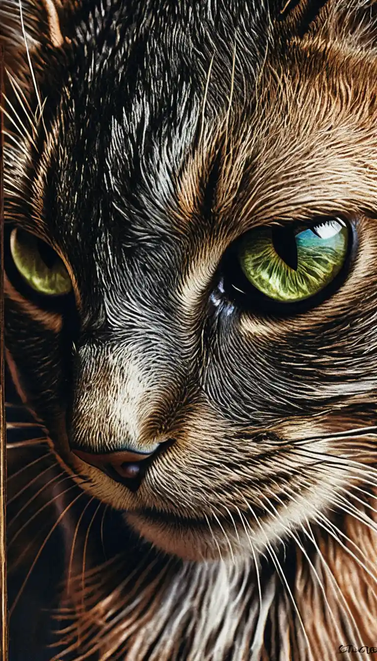 Scratchboard close up of a black cat face in profile