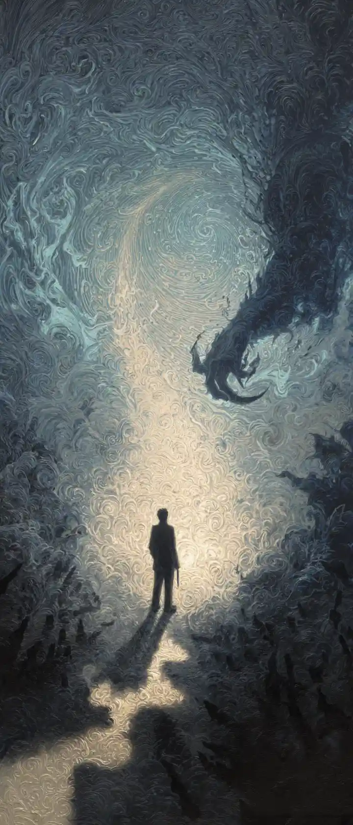 Figure At A Crossroads Before A Swirling Vortex Portal