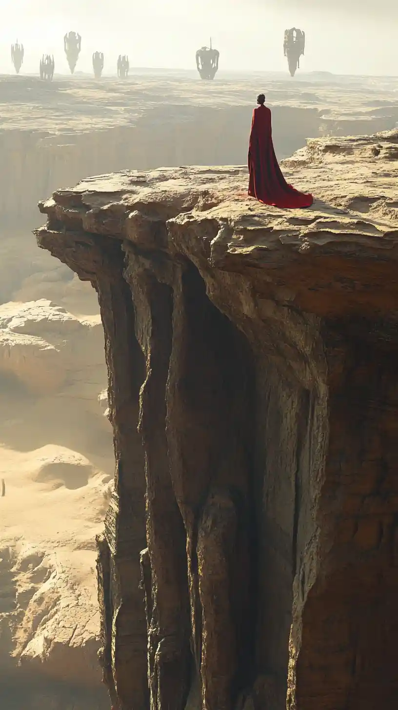 Woman in red robe on cliff facing alien structures