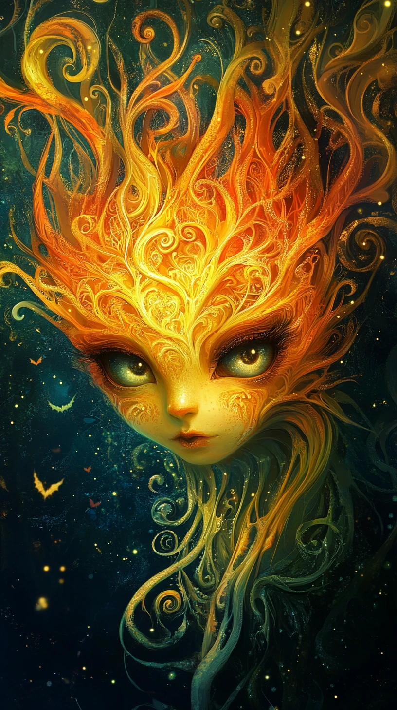 Surreal fire spirit rising from a twisted mystical realm
