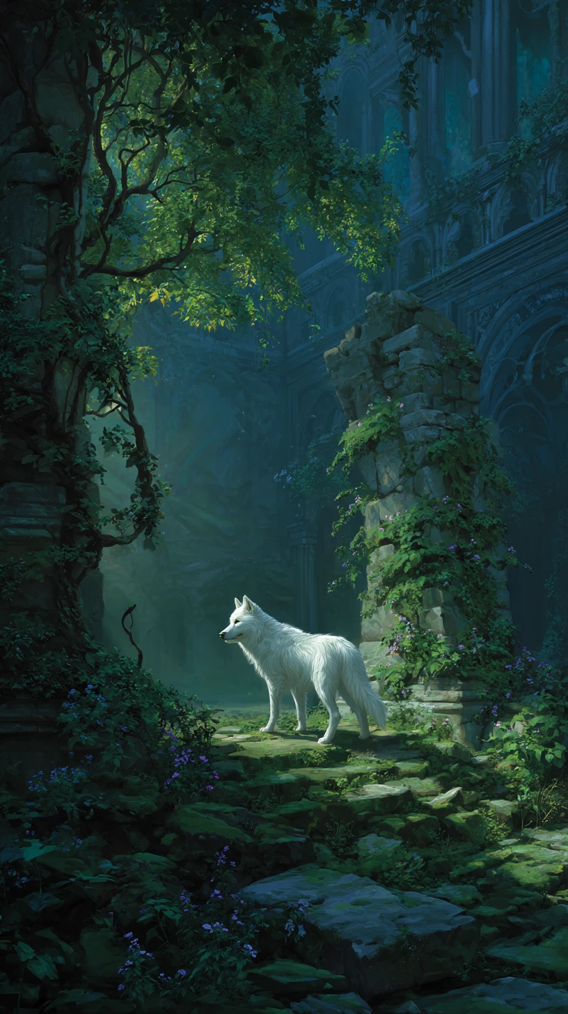 Lobo branco em ruínas ao luar com vinhas luminosas da floresta