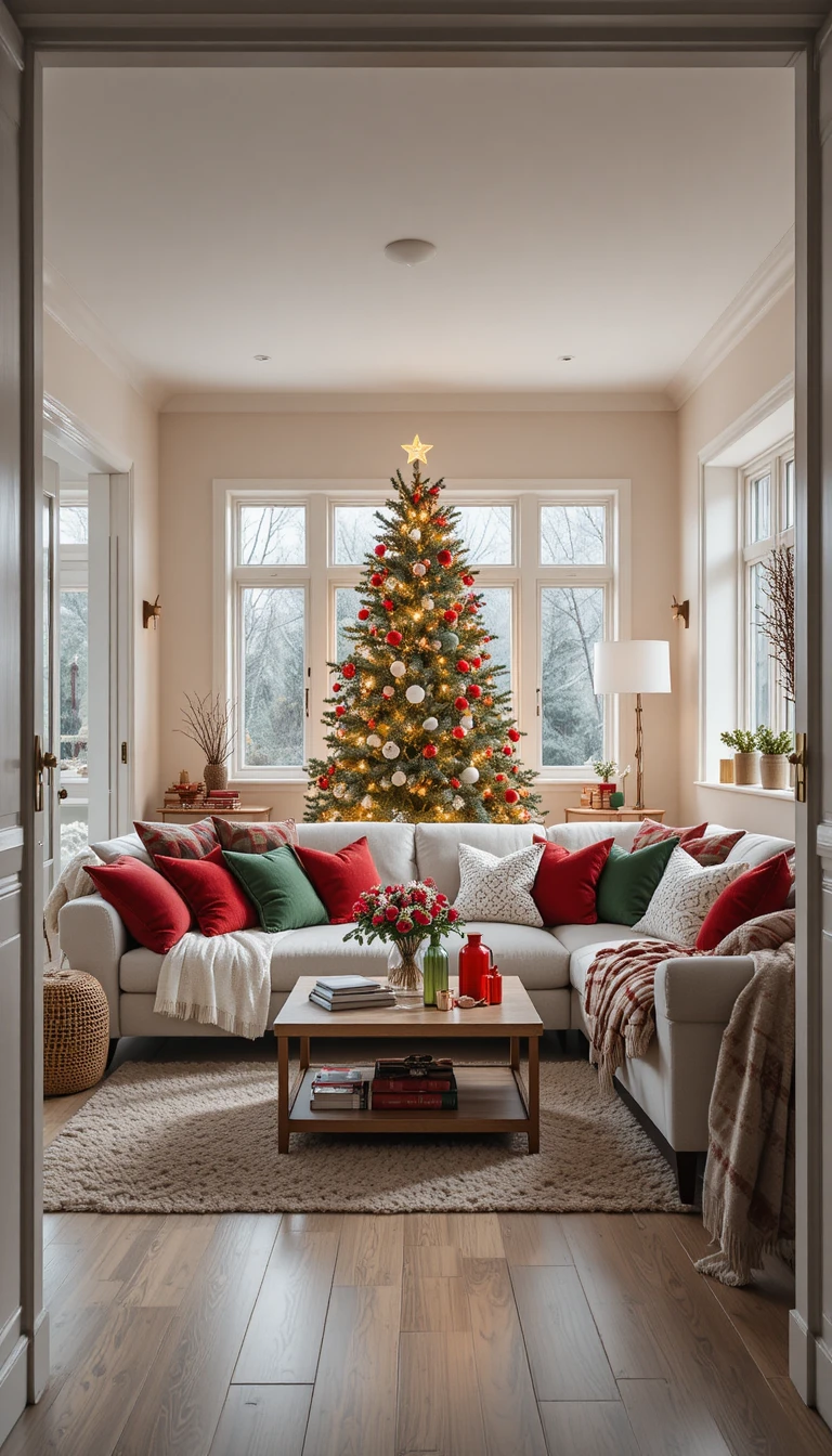 Gemütliches modernes Wohnzimmer zu Hause weihnachtlich dekoriert