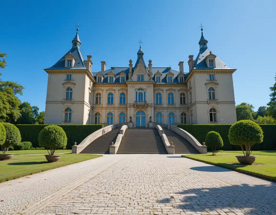 Suntuoso castelo banhado pelo sol com fachada de pedra e entrada formal