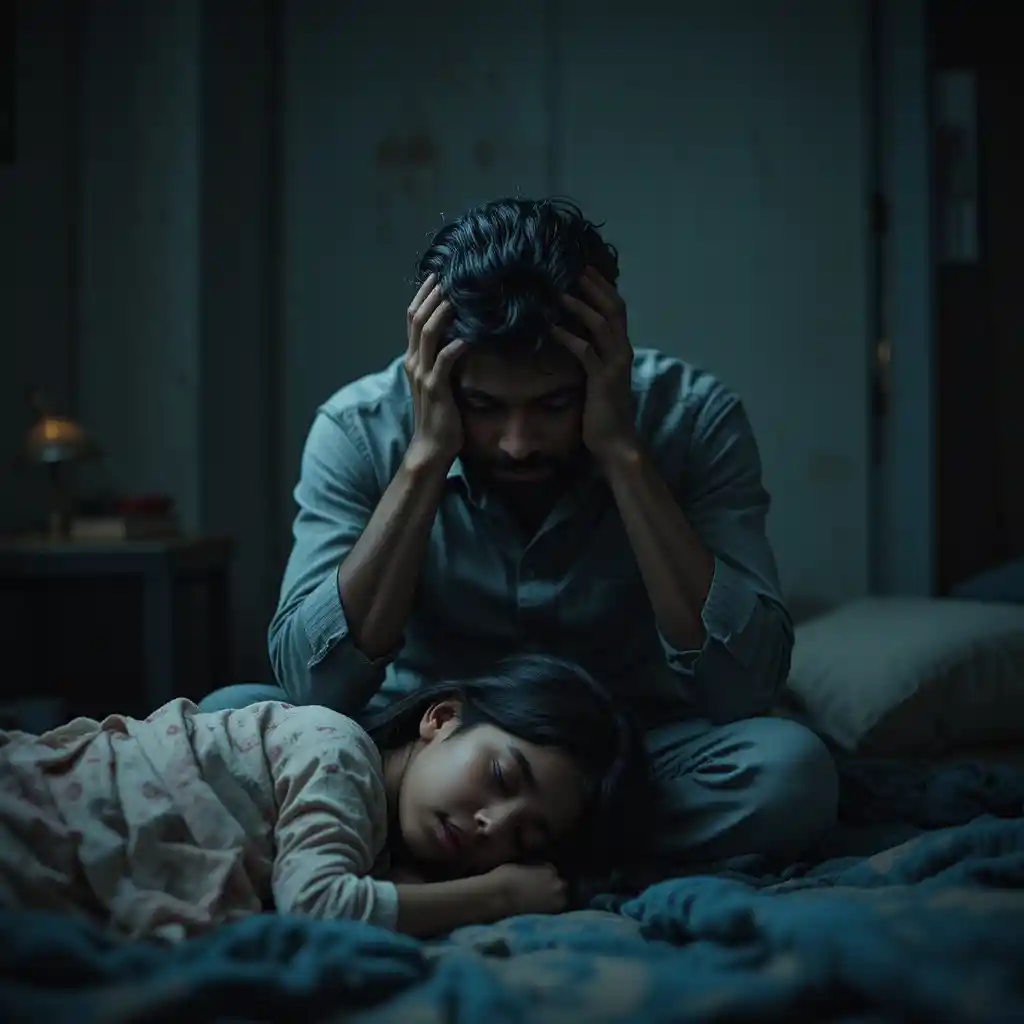 Worried father sitting alone beside his sleeping child