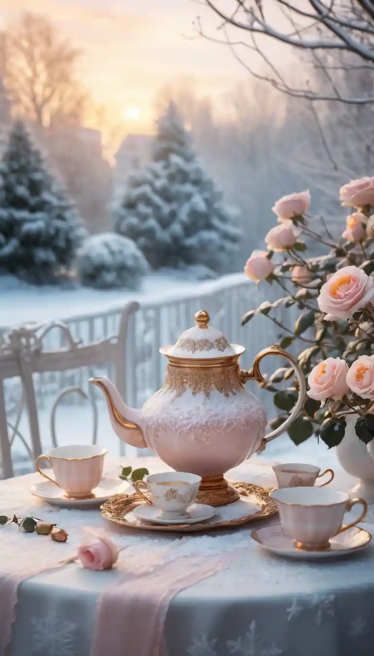 Mesa de chá em um jardim de inverno nevado ao pôr do sol
