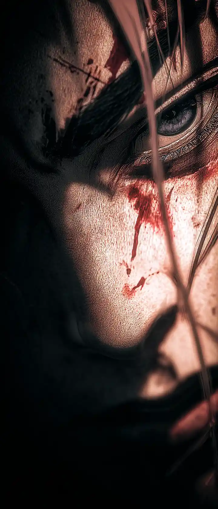 Emotive close up portrait with sorrowful eyes in chiaroscuro