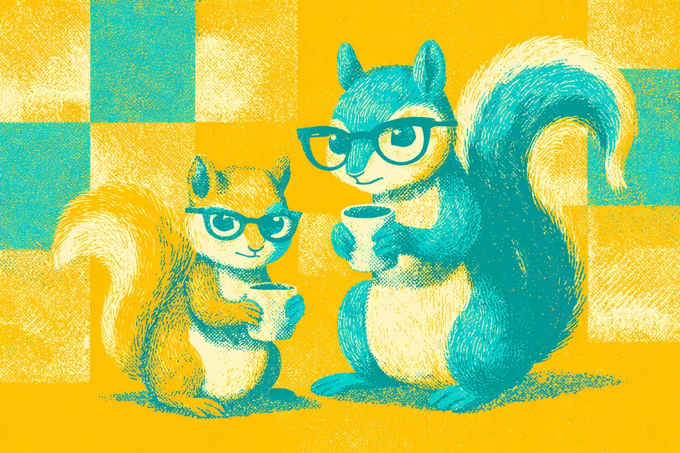 Cartoon-Eichhörnchen teilen Getränke im retro Risograph-Stil