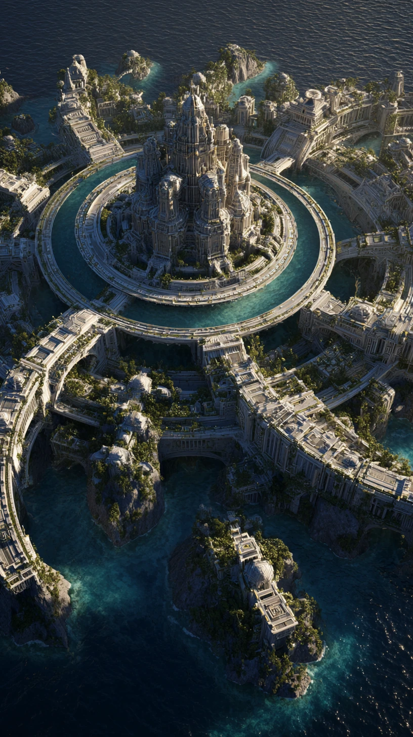 Metrópolis de alta tecnología de la antigua Atlántida emergiendo del océano