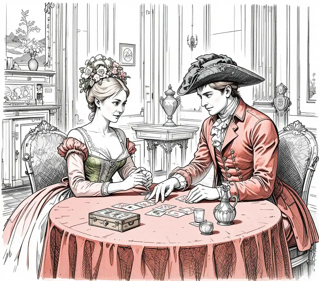 Elegant eighteenth century couple playing cards at table