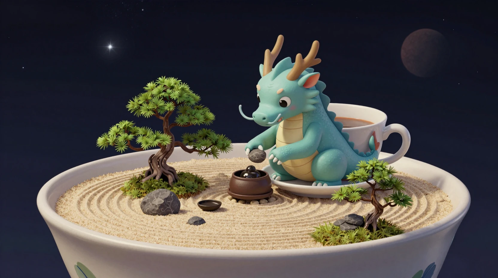 Tiny dragon tending a zen garden on a floating asteroid