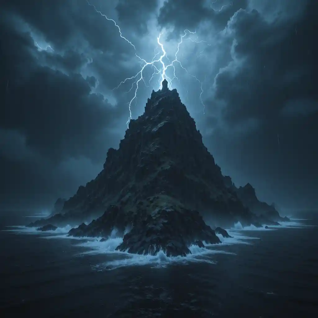 Vista aerea tempestosa di una oscura isola rocciosa in mare